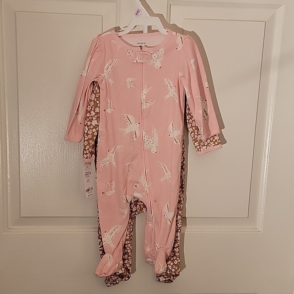 Carter's, baby girls 9M 2-piece set, pink and brown, long sleeves and footies. - Picture 1 of 11